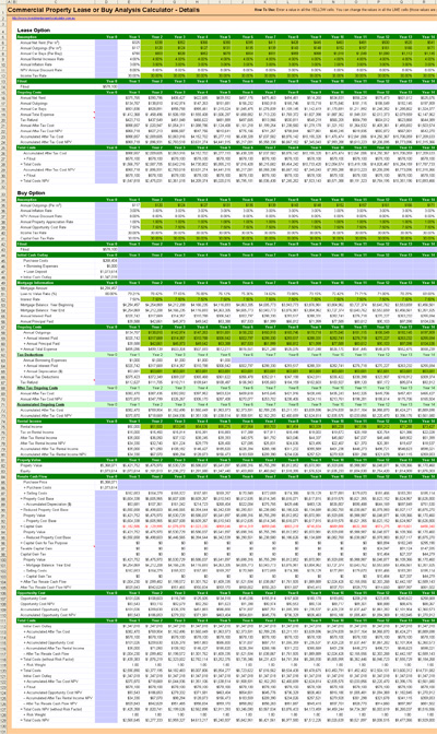 Lease or Buy Analysis Calculator - 30 Years Details