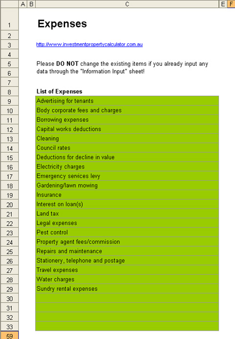 Investment Property Record Keeping Spreadsheet - Expense